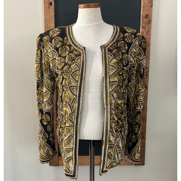 Vintage Handmade Silk Beaded Jacket M Gold India Wearable Art Collector Piece - Picture 13 of 16